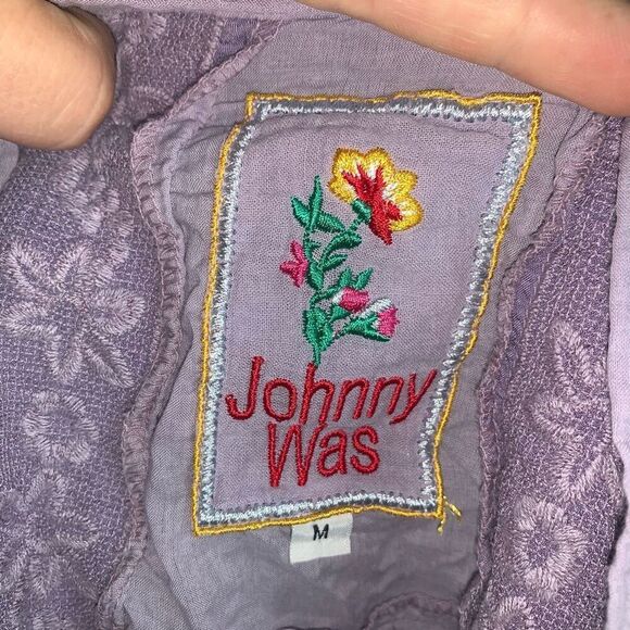 Johnny Was lilac lace inlaid button down boho romantic M blouse - Picture 4 of 4